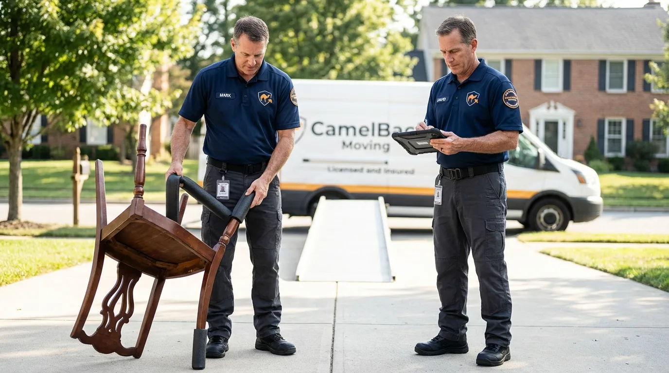 Movers inspecting furniture for damage prevention before loading in Happy Valley, OR